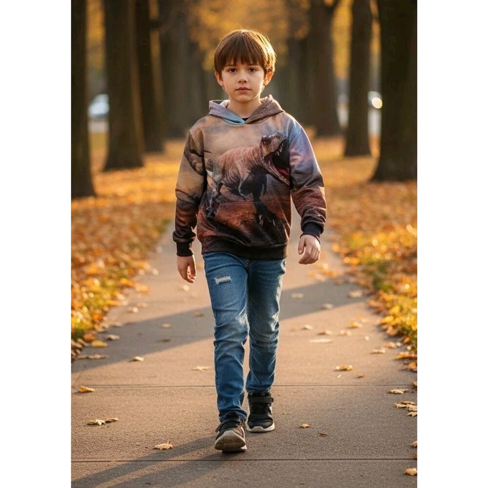 Boy's T REX Dinosaur Hoodie With Pockets Sweatshirt Back Front Print Size 12